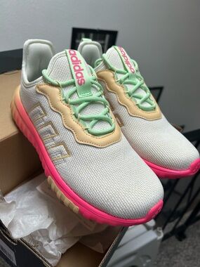 adidas Cream Knit Sneakers with Mint and Pink Accents